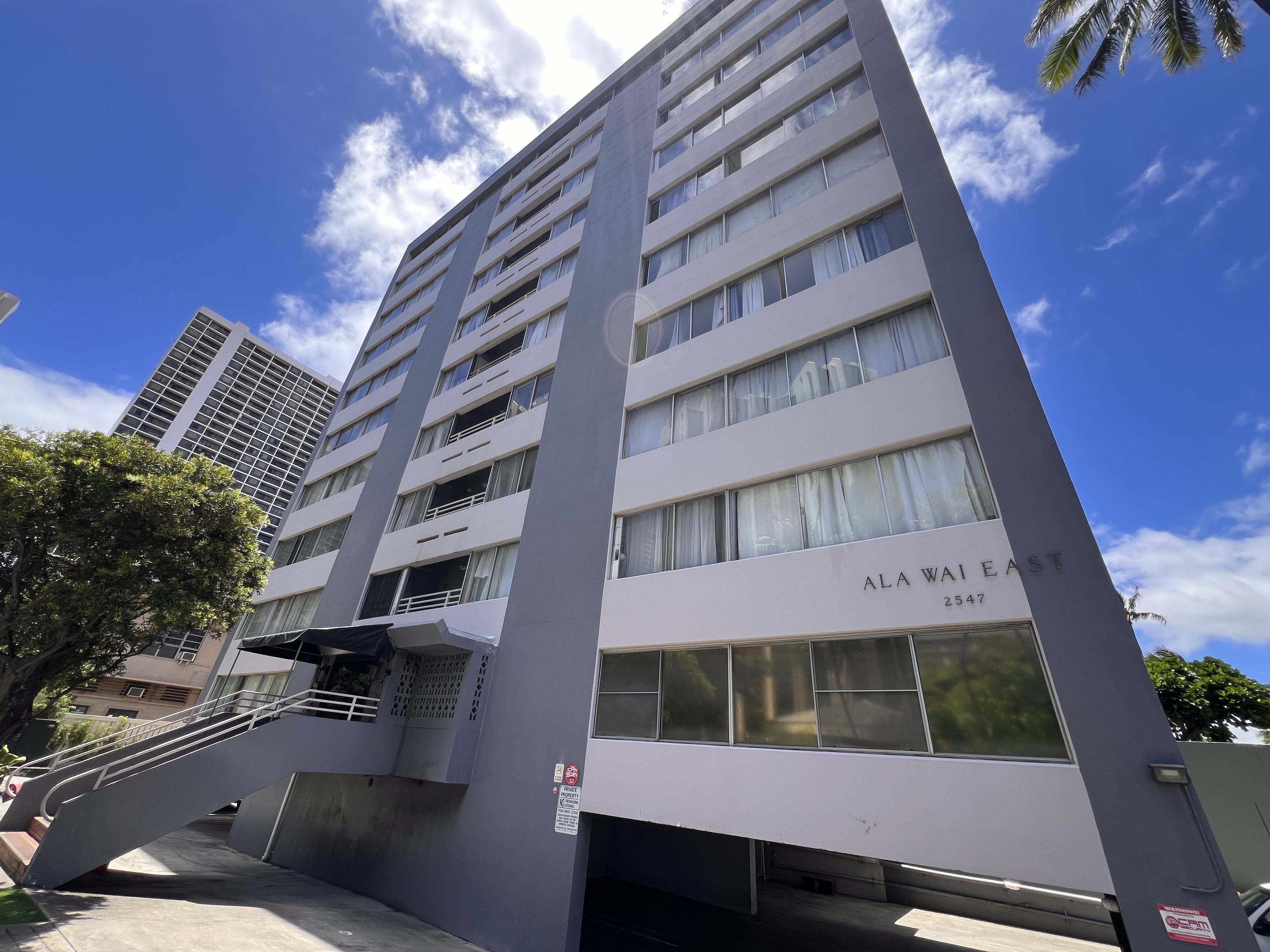 Ala Wai East condo building exterior along Ala Wai Canal