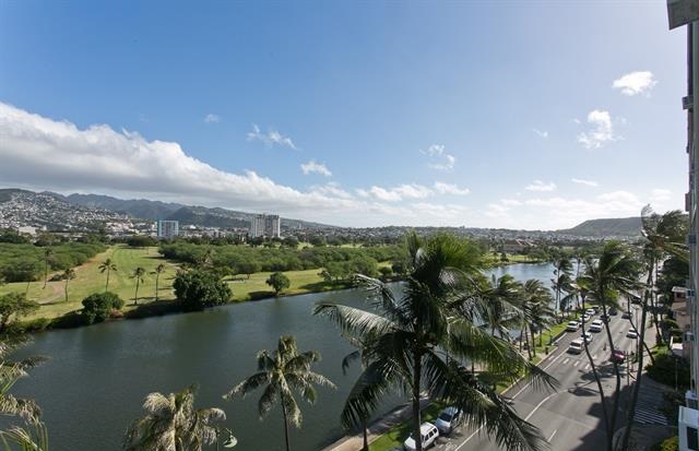 View from Ala Wai Palms facing canal and buildings