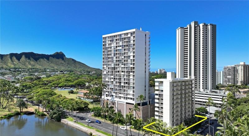 Ala Wailani aerial building view from above Waikiki