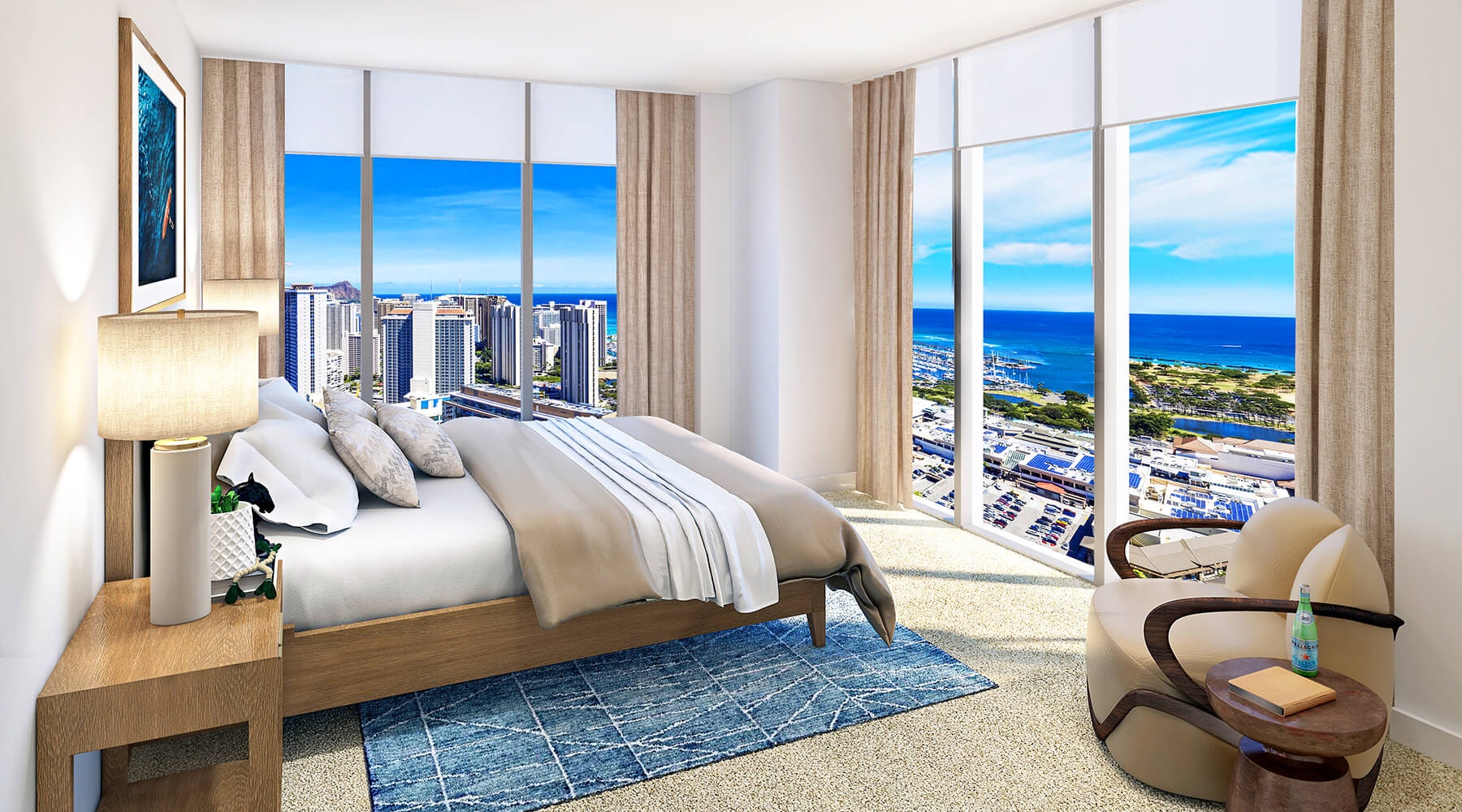 Azure bedroom with view of the harbor