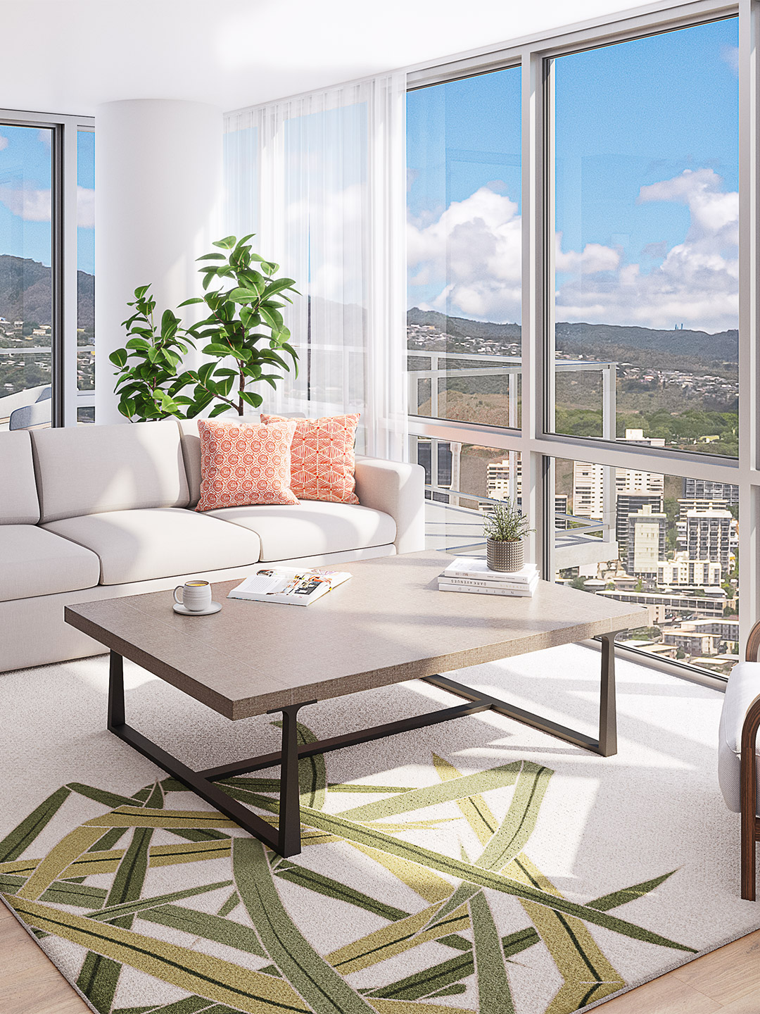 The Park at Keeaumoku - Living Room with Mountain Views