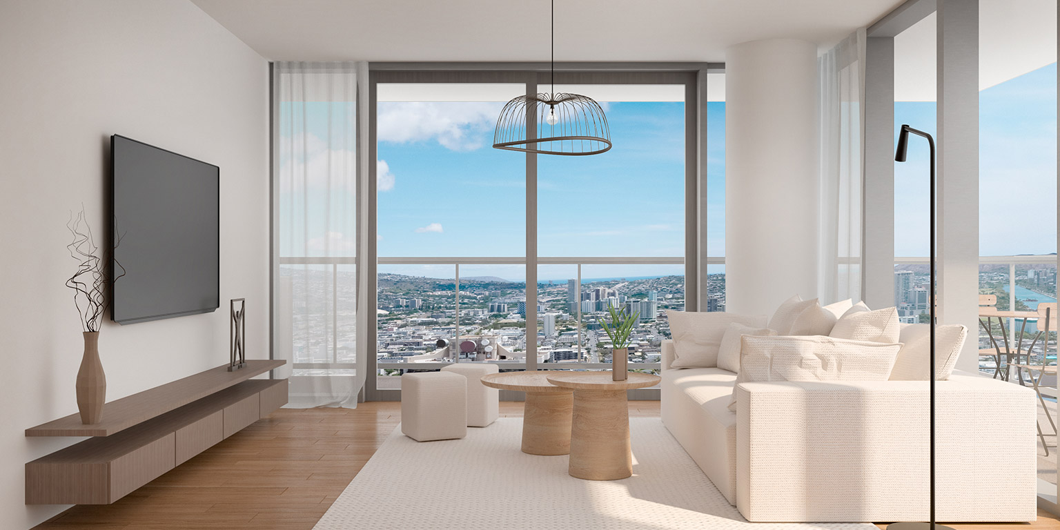 The Park at Keeaumoku - Living Room with Diamond Head Views