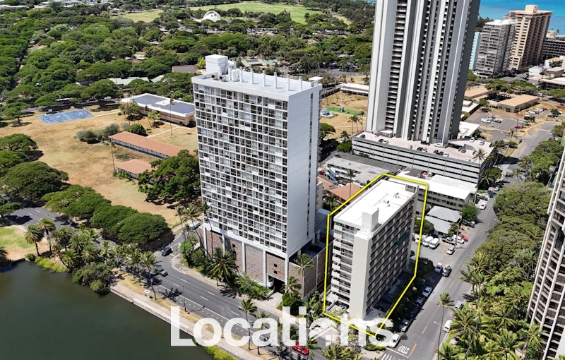 Aerial view of Canal House condo building in Waikiki